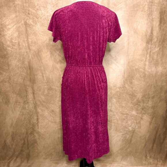 Vintage 70s Union Made Magenta Terry Cloth Shirt Waist Dress Side Button Midi - Picture 11 of 12